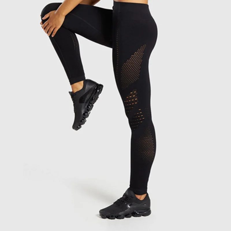 

NORMOV Women Seamless Knit Leggings High Waist Elastic Hollow Moisture Wicking Legging Female Slim Fitness Leggings Push Up