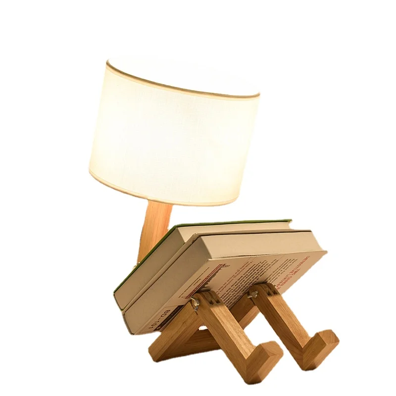 

Creative Modern Robot Table Lamp Cloth Lamp Shade Wooden Lamp Stand Desk Decorative Lamp Bedside Table Light Lamp For Bedroom