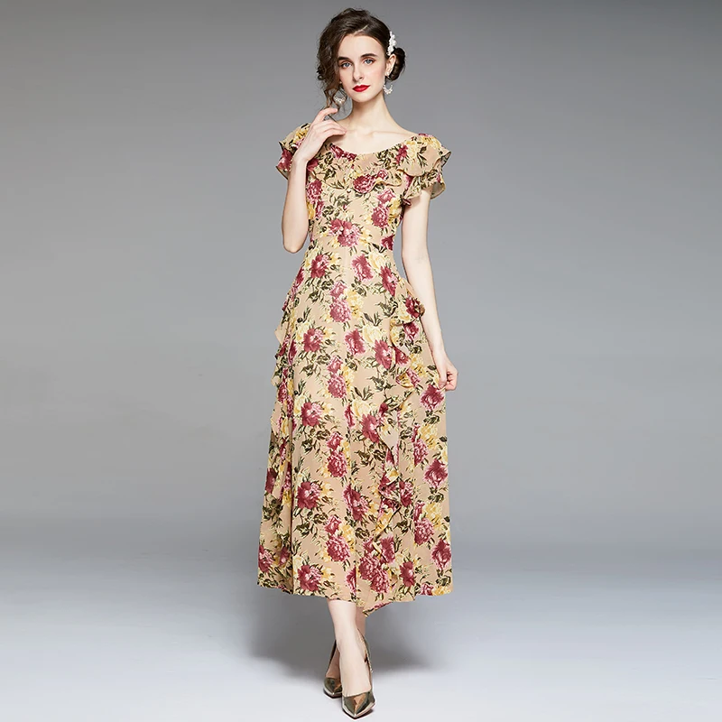 

Женское дизайнерское платье для отпуска с оборками и коротким рукавом, Новое высококачественное платье с цветочным принтом, Пляжное праздн...