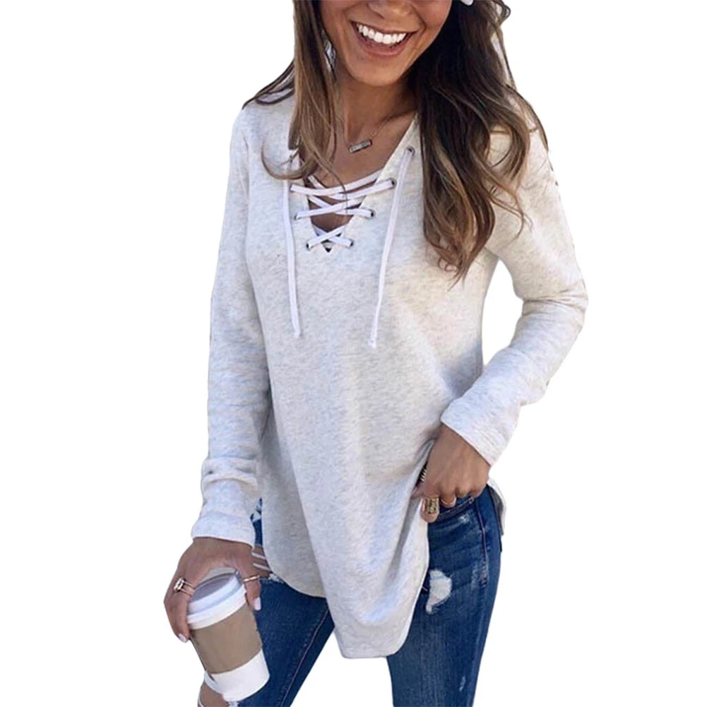 Осенняя Повседневная Женская свободная Однотонная футболка на шнуровке с