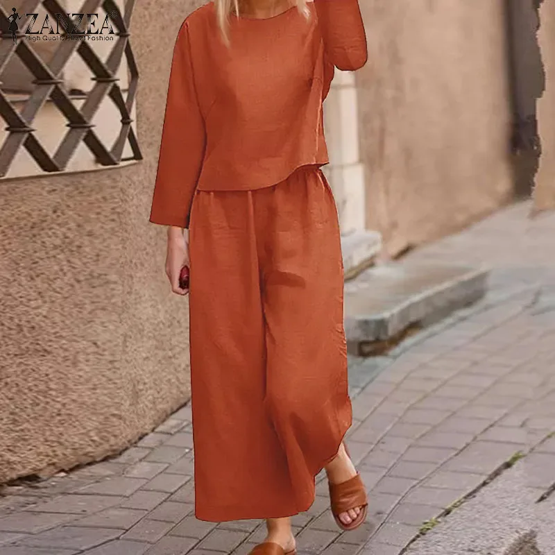 

ZANZEA Autumn Women Solid Matching Sets Party Cotton Pant Sets Retro Baggy Pantalon O Neck Long Sleeve Top Wide Leg Trouser 2PCS