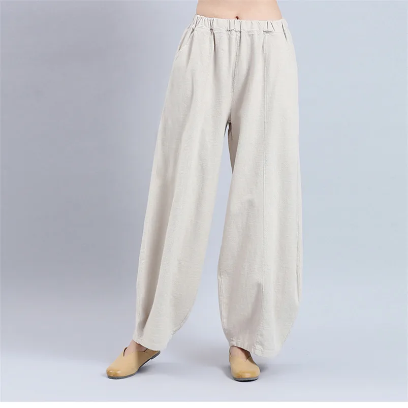 

Брюки женские хлопково-льняные с завышенной талией и широкими штанинами