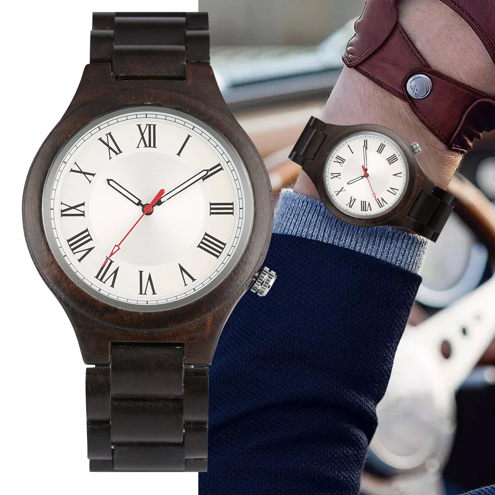 

Men's Wooden Watch Casual Roman Numerals Clock with Luminous Hands Watches Handmade Full Wood Band Wristwatch Relogio Masculino
