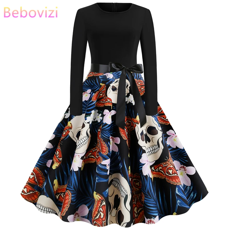 Nieuwe 2019 Herfst Vrouwen Хэллоуин Jurken плюс размер Lange Mouwen череп печати вечерние Vestidos