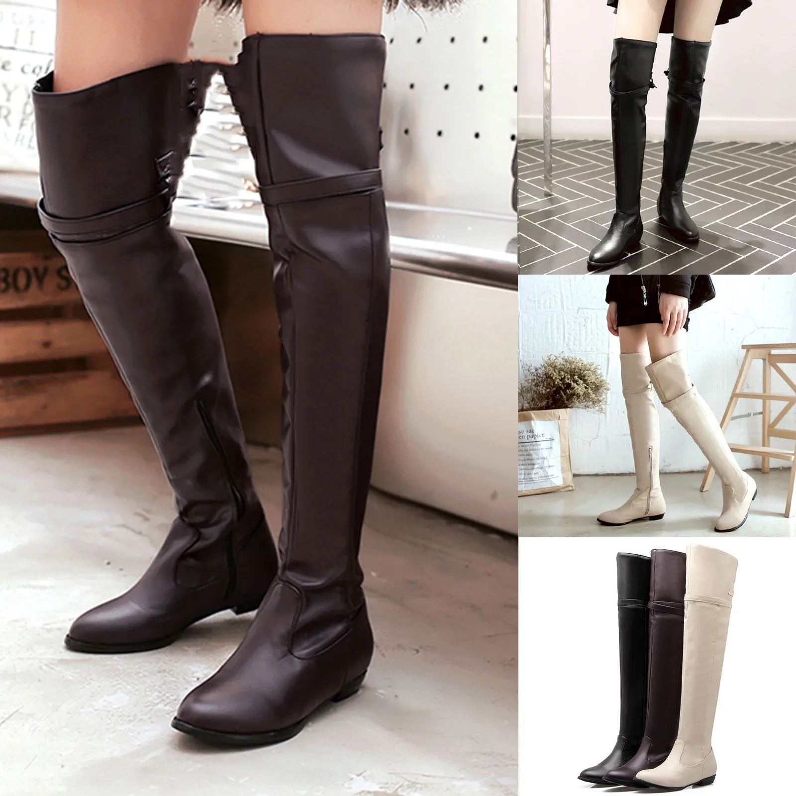 

Over the Knee Boots Women's Long Boots Knight Boots Round Head High Belt Buckle Flat Boots Warm Winter Shoes botas mujer A40