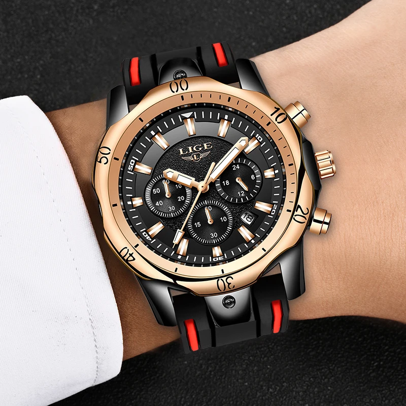Часы наручные LIGE мужские с силиконовым ремешком брендовые Роскошные деловые