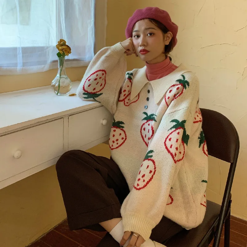 Женский Длинный свитер с принтом клубники теплый вязаный пуловер свободного