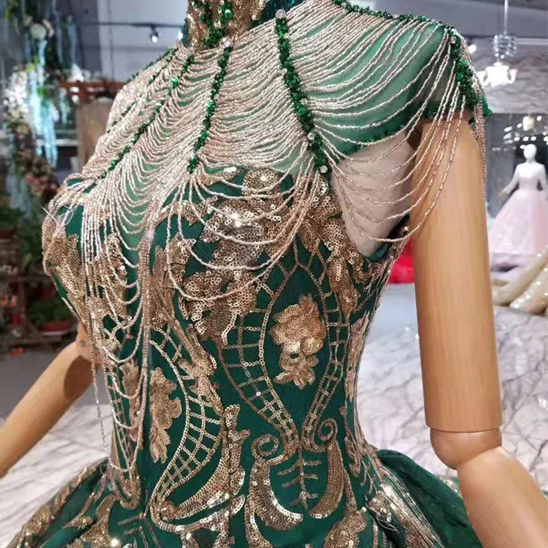LS11093 luxury green evening dresses ladies high neck cap sleeves crystal party dress with golden lace dubai style real photos