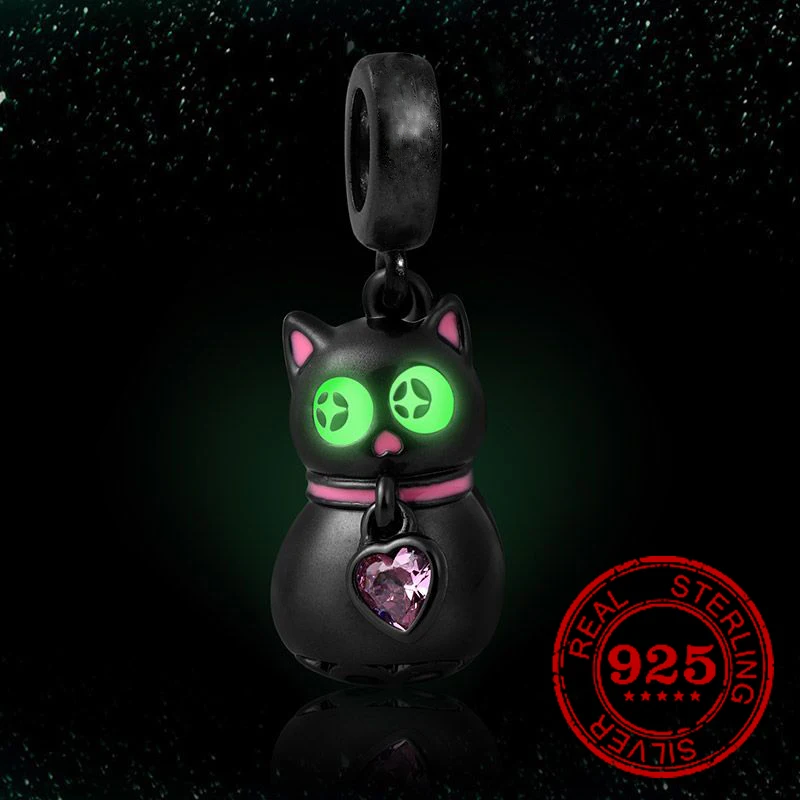 _ Серебряный черный кот светящийся ночью милые животные подвески-бусины подходят