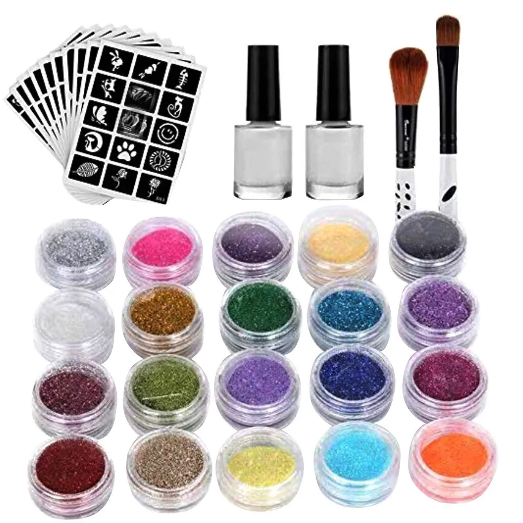Набор для татуировок с блестками боди арта модные шаблоны трафареты кисть пудры