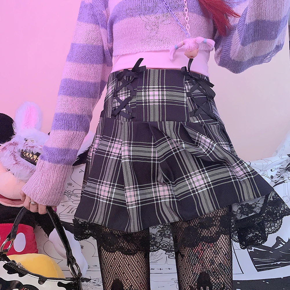 

New Japanese Bow Tie Women Skirt Hot Girl Dancing Plaid Skirts Female Sexy Mini High Waist Lace Skirt Black Pleated Skirts Mujer