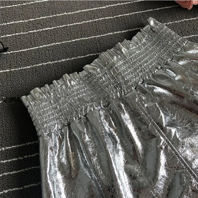 Street Silver Sheepskin Real Leather Shorts Women Elastic High Waist Casual A-Line Shorts Spring Autumn New Wide Leg Shorts