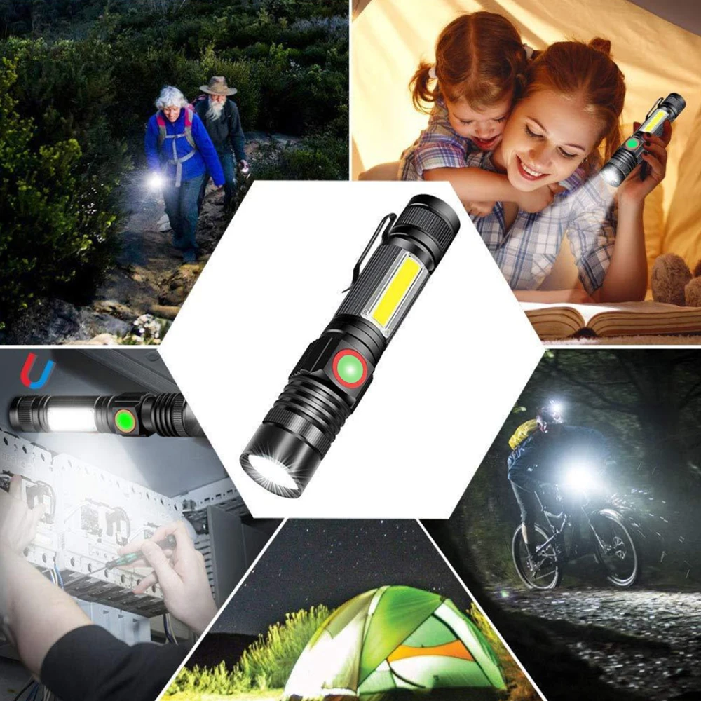3800LM Portable Zoomable LED Flashlight USB Rechargeable torch Side COB as worklight use 18650 battery for camping outdoor light | Лампы и