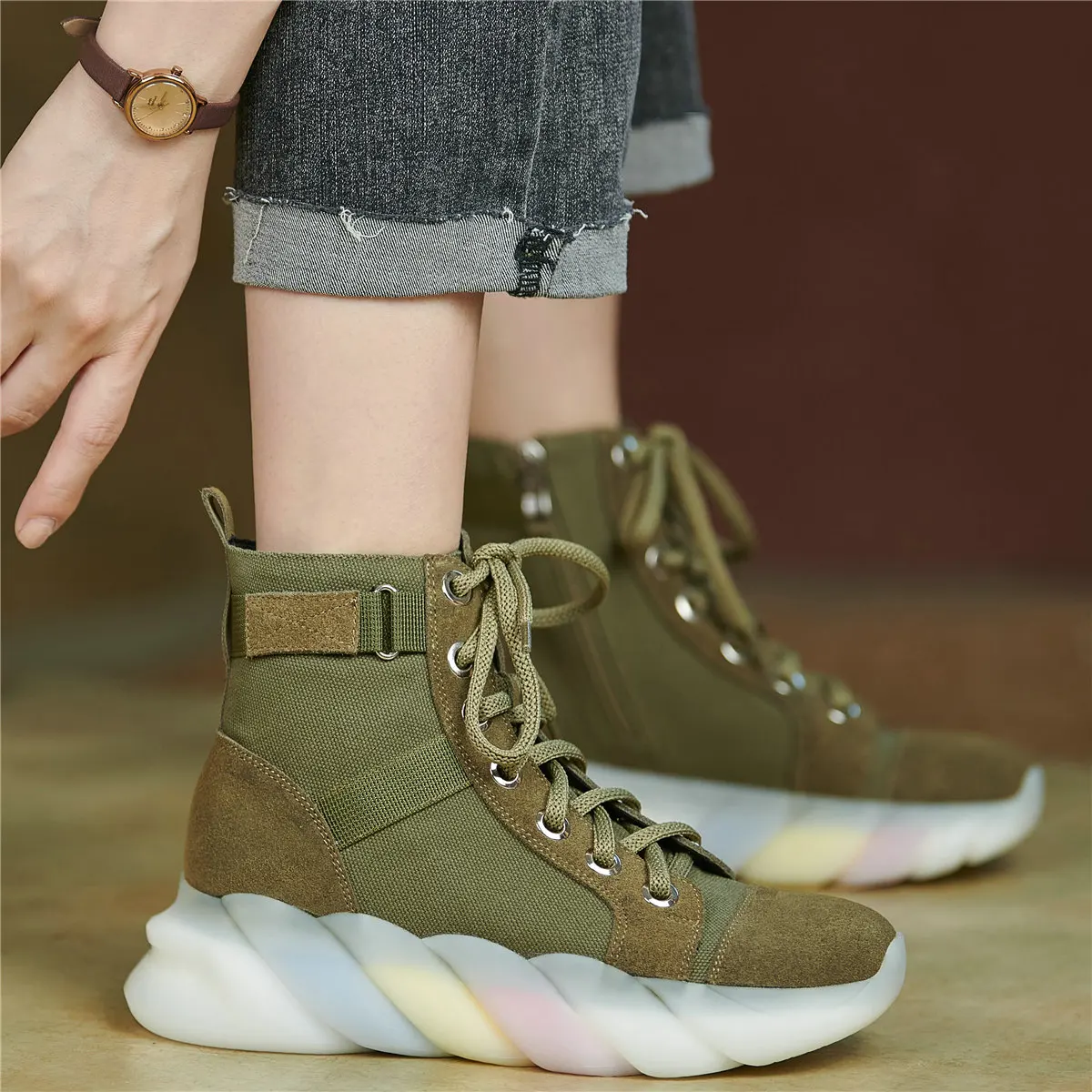 

Platform Pumps Shoes Women Lace Up Genuine Leather Flat With Riding Boots Female Canvas Round Toe Fashion Sneakers Casual Shoes
