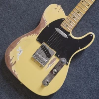 aged electric guitar yellow color alder guitar body handmade crafted relic tele guitar silver hardware free shipping