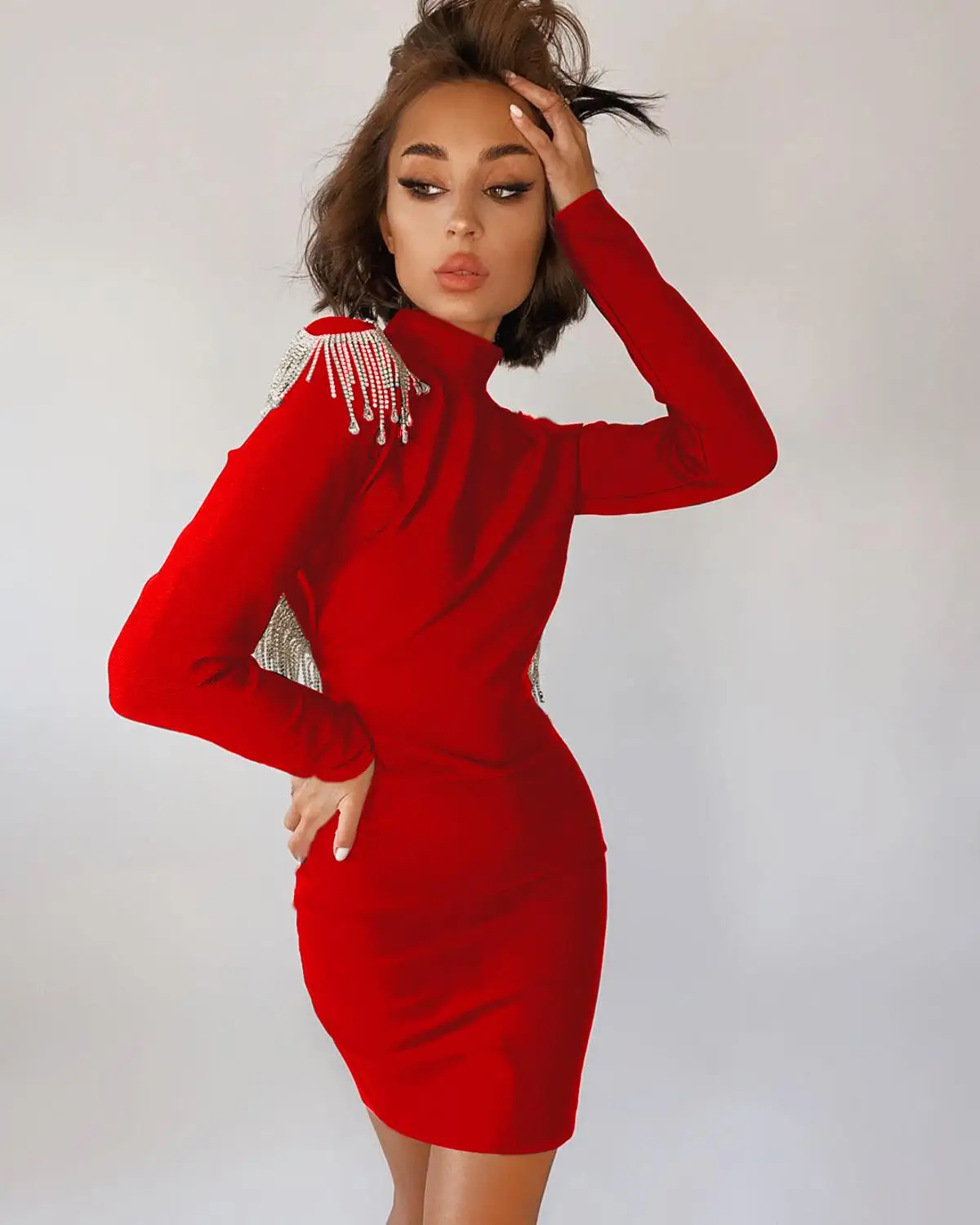 

Бесплатная доставка Высокое качество Красный Круглый воротник Длинные рукава вискозное платье элегантные Клубные вечерние платье Vestidos