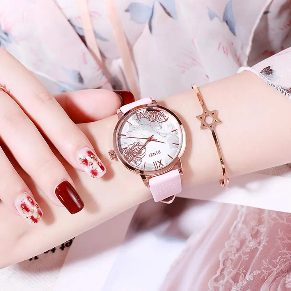 Женские наручные часы с цветами кожа розовое золото простые модные женские Reloj
