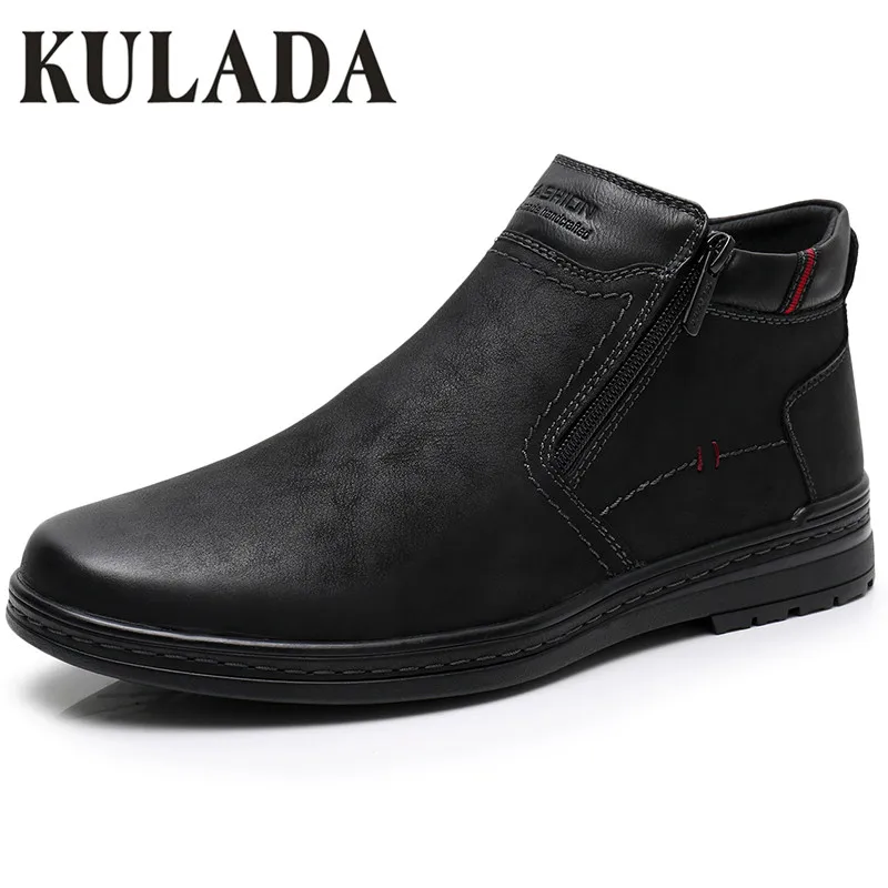 KULADA/Лидер продаж; ботинки; Мужские Зимние ботильоны; очень теплые зимние ботинки; ботинки с боковой молнией и толстым мехом; мужская повседневная обувь - Цвет: black-0613-7A