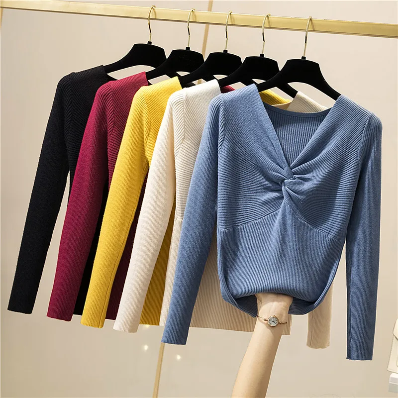 

2021 V-neck Cross Pullover Women Solid Autumn Winter Female Knitted Ribbed Sweater Slim Long Sleeve Basic High Quality Sweater