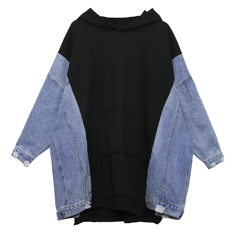 

XUXI Workwear Hooded Women Long Sleeve Stitching Cowboy Fashion Loose Streetwear Pullovers Hoodies Autumn 2020 FZ3357