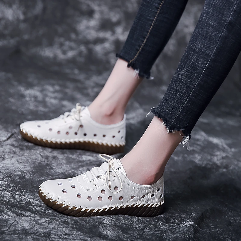 

Лоферы женские с перфорацией, на шнуровке, плиссированные, дышащие, повседневная обувь на плоской подошве, дизайнерские, белые, лето 2021