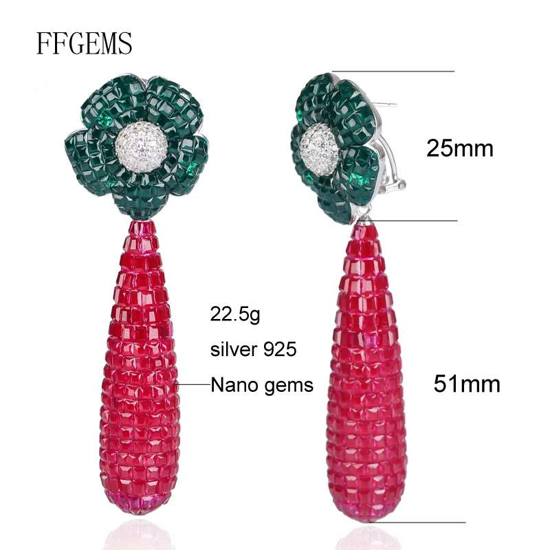 FFGems новый дизайн 925 Серебряный каплевидные крупные серьги создан нано Рубин