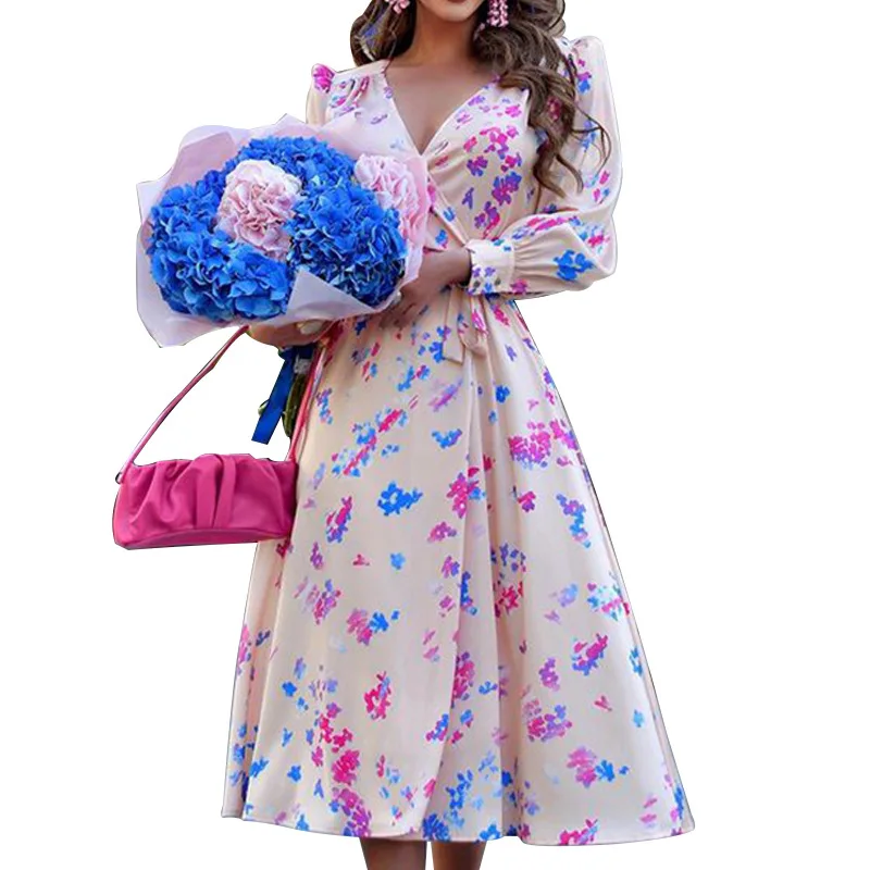 

Sexy Women Long Sleeve Dress V-Neck High Waist Floral Print A-Line Dress Beach Pink Knee-Length Dresses Vestidos Autumn 2021