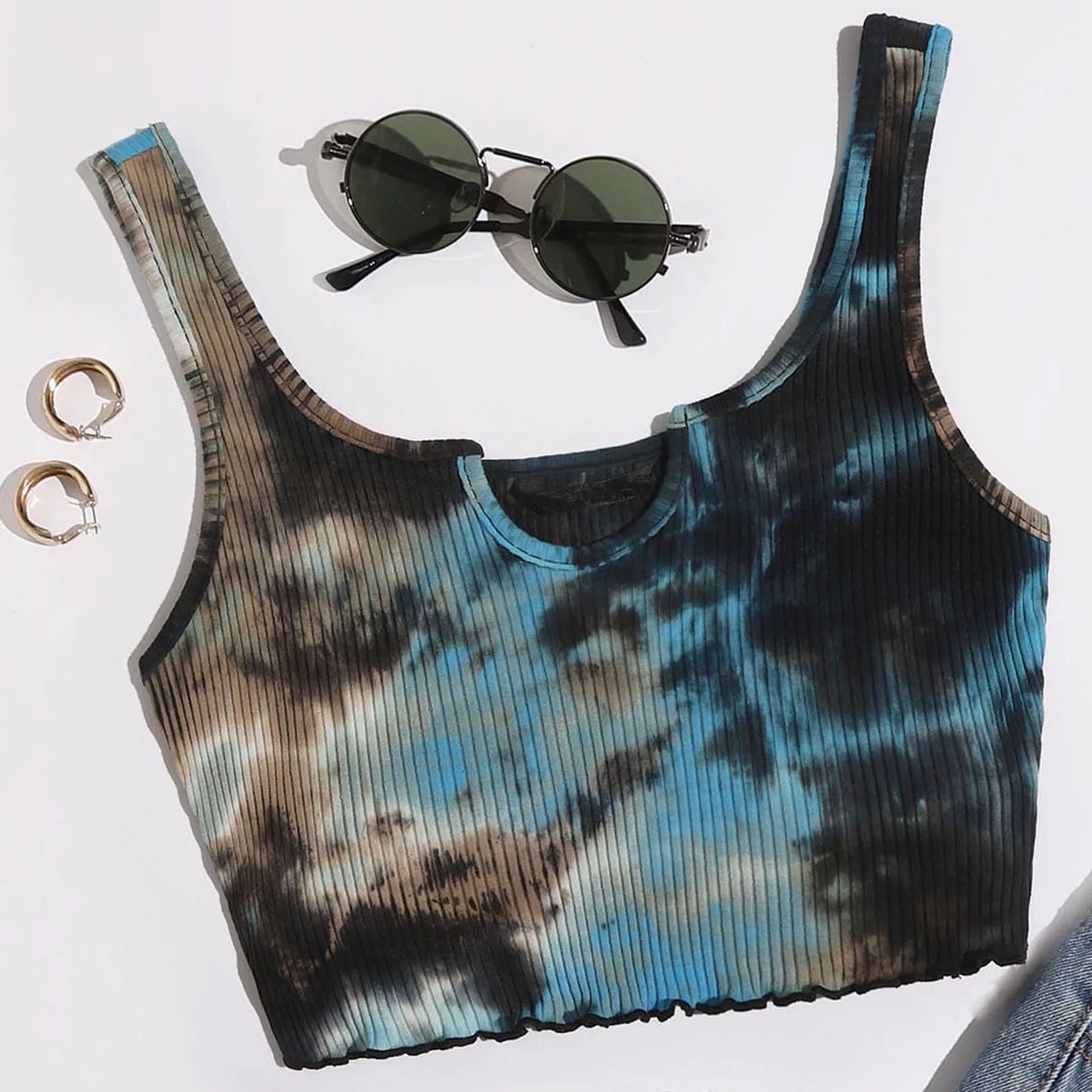 

Summer Tie-dye Print Top Women Sexy Summer Cold Shoulder Tank Top korean Streetwear Cropped Seeveless Top Feminino Pullover Vest