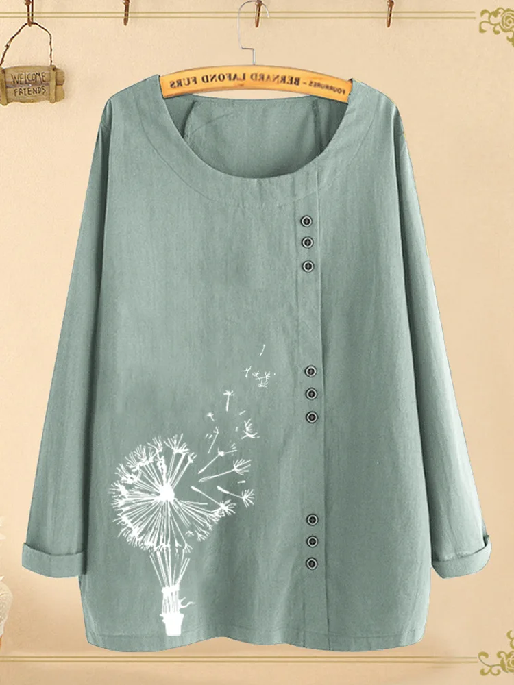 

Women's fashion cat pattern big round collar loose cotton and linen printed casual long-sleeved shirt long-sleeved T-shirt