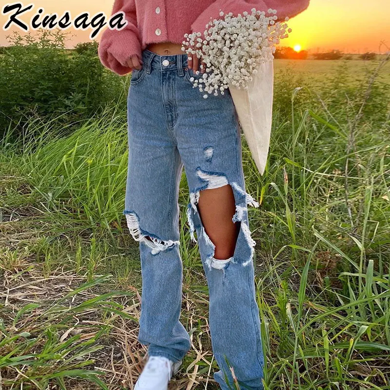

Streetwear Ripped Flare Jeans Mom Vintage Y2k Boyfriend High Waist Baggy Denim Pants Women Harajuku Grunge Straight Leg Trousers