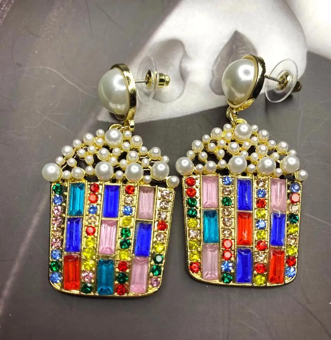 

Personality Cartoon Popcorn Pearl Earrings for Woman Exaggerated Creative Colored Rhiestone Earrings