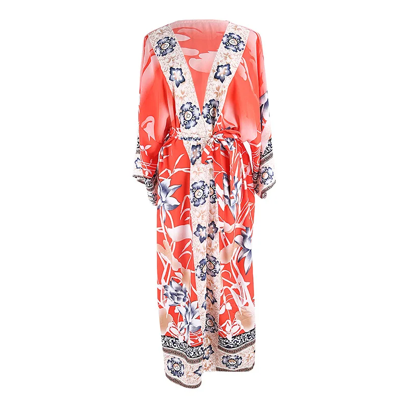 fitshinling oversize beach cover up kimono vintage print floral holiday bikini outing boho loose long cardigan orange covers new free global shipping