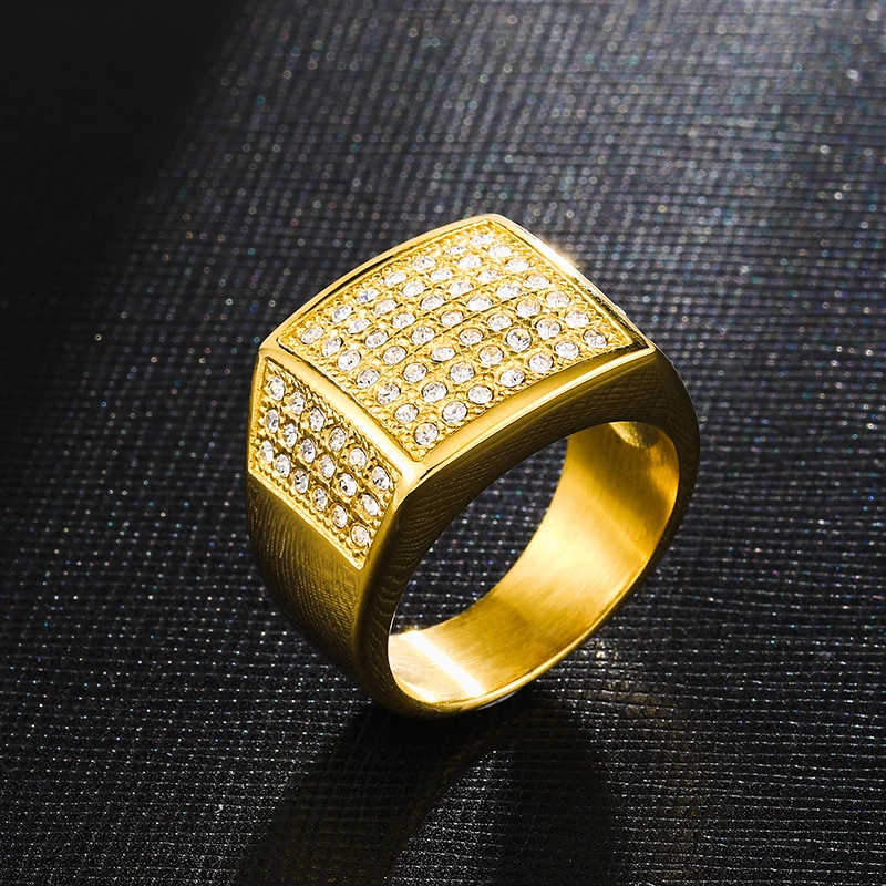 Полный микро паве Стразы Iced Out нержавеющая сталь Bling квадратное кольцо золотого
