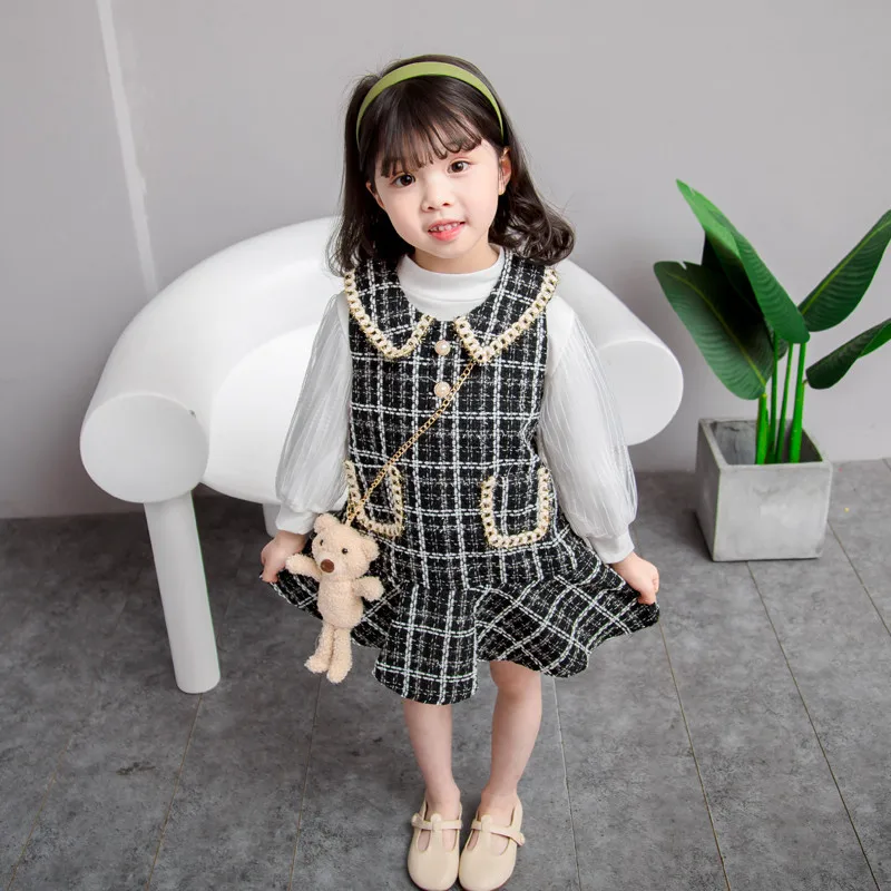 

Keelorn Kids Dresses for Girl Baby Princess Autumn Party Elegant Plaid Costumes Long Sleeve Lace Top Tweed Clothes With Bear Bag