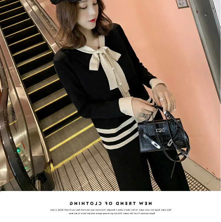 

JXMYY 2020 Spring New Knitted Sweater Lace Bowknot Top + Contrast Color Wide Leg Pants Two-piece Women