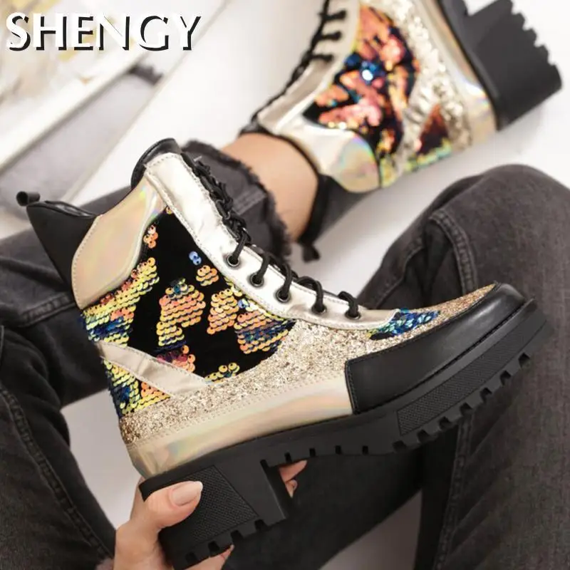 

Новые зимние женские ботинки; Зимняя обувь с толстыми подошвами блесток шить Цвет рост; Женские ботильоны со шнуровкой; Резиновые сапоги на ...