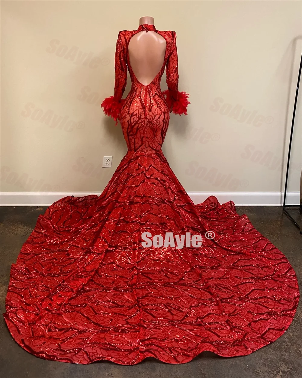 SoAyle Long Prom Dresses 2020 Sexy Backless Deep V-neck Mermaid Red Sequin African Women Prom Dress Sleeves Feathers Dresses