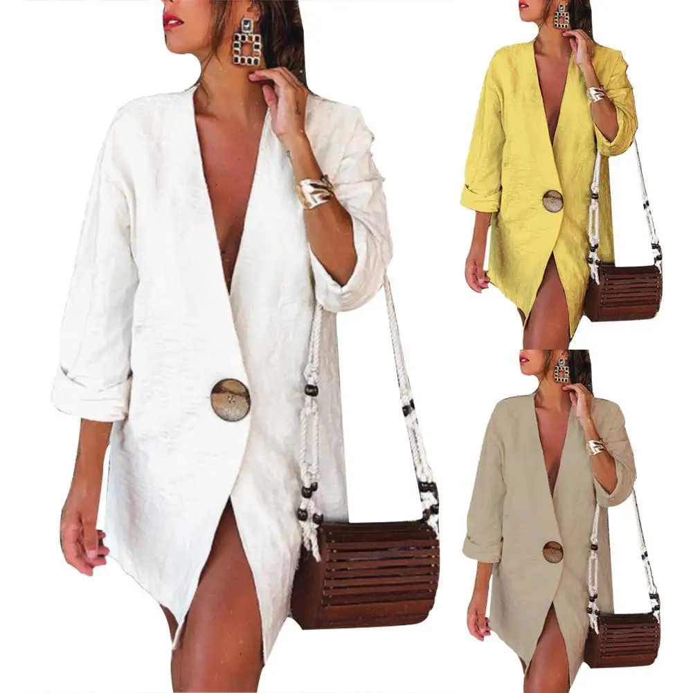 

Casual Women Autumn Solid Color Long Sleeve One Button Cotton Linen Loose Blazer
