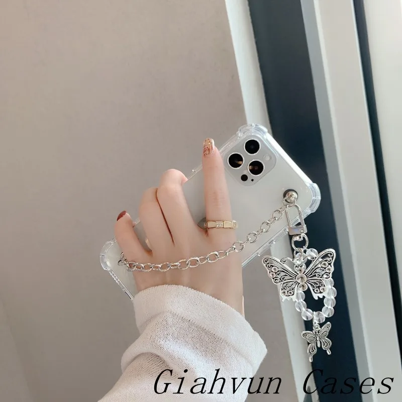 

Butterfly Metal Chain Wrist Bracelet Soft Anti-fall Case for iphone 12 Pro Max MiNi 11 pro max X XS XR 6S 7 8 Plus SE 2020 Cover