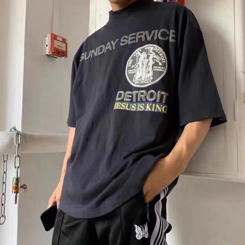 

Kanye West Turtleneck Cotton Casual Tshirts Men and Women Short Sleeve Oversize High Street Tees Hip Hop Loose Summer T-shirt