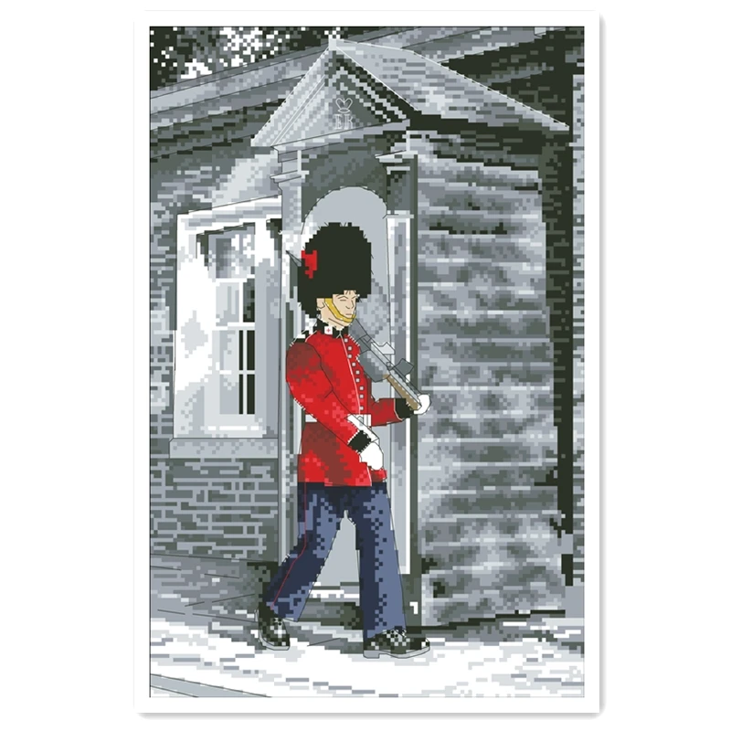 

On guard cross stitch man walking 18ct 14ct 11ct white fabric cotton thread embroidery DIY handmade needlework