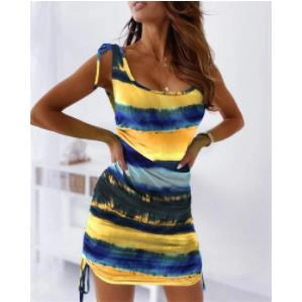 

Summer Dresses Sexy Square Collar Print Low-cut Ruffled Tie Dress Women Mini Sleeveless High Waist Slim Pullovers for Streetwear