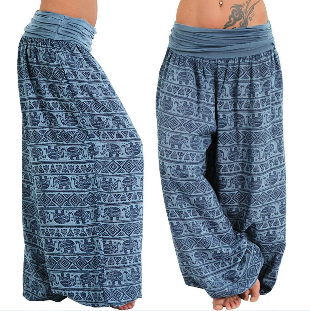 Женские брюки султанки длинные с высокой талией пляжные синие свободные карго