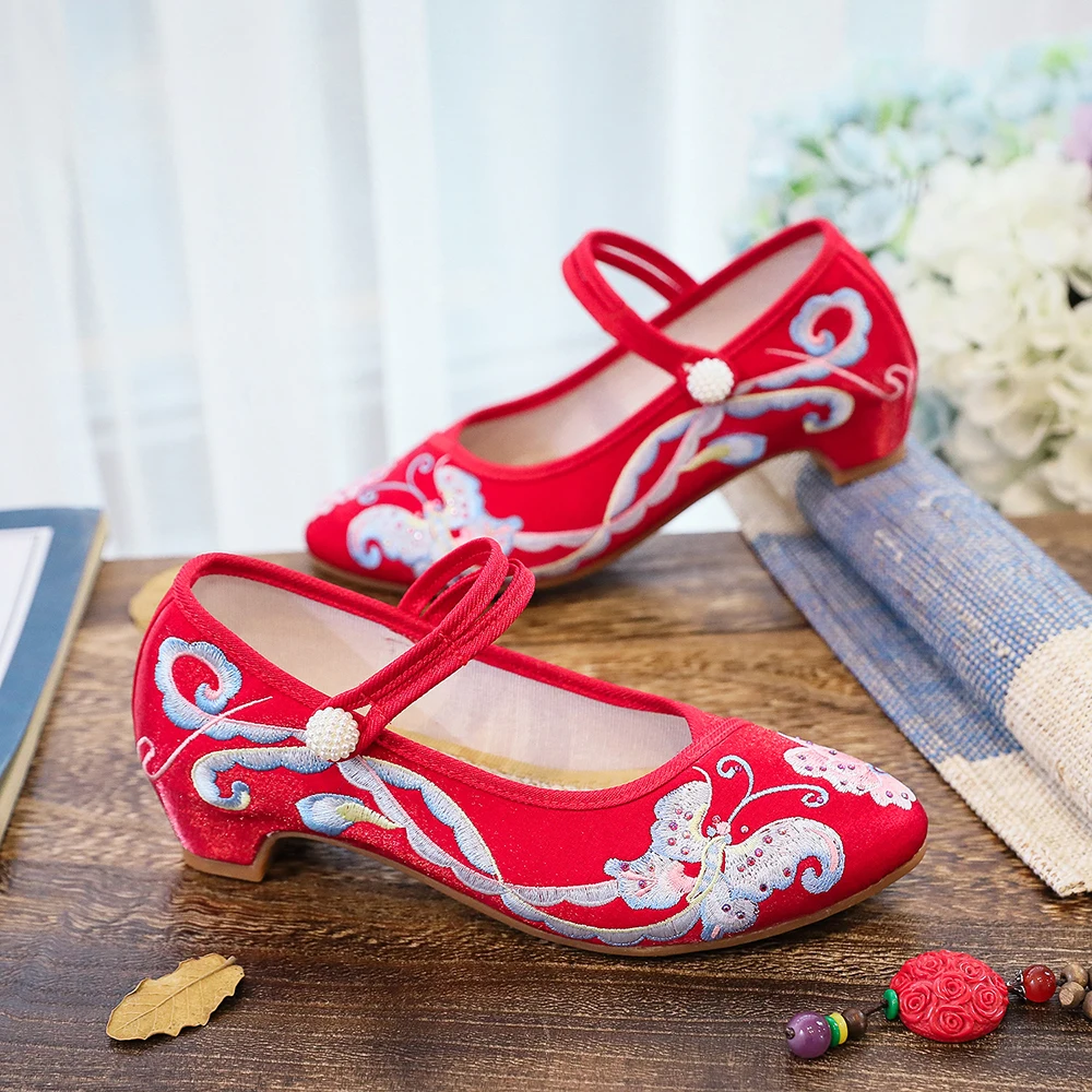 

YourSeason Retro Ladies Flock Cotton Fabric Embroidered Mary Jane Shoes Comfort Chinese Style Pointed Toe Flats For Women