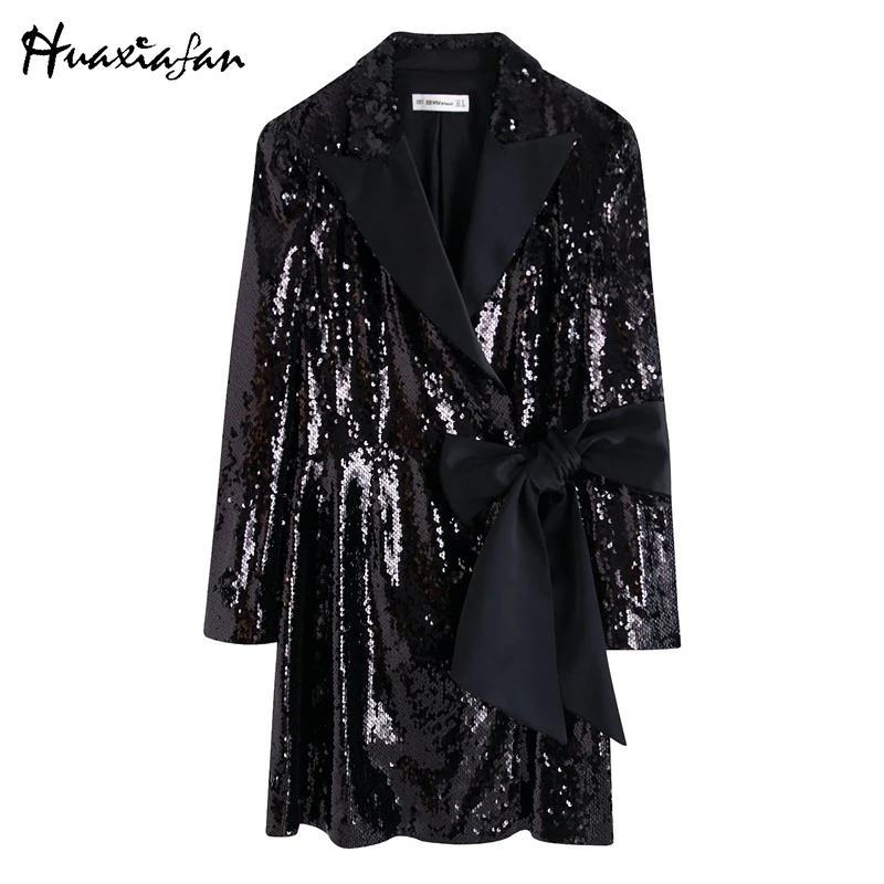 Huaxiafan расшитое блестками платье женское мини с бантом и зубчатым вырезом
