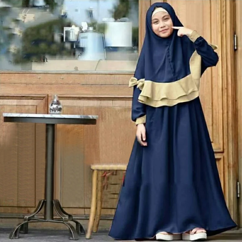 

Muslim Kids Ramadan Girls Long Sleeve Dress Hijab Abaya Robe Arab Dubai Children Kaftan Headscarf Islamic Kids Robe Jilbab