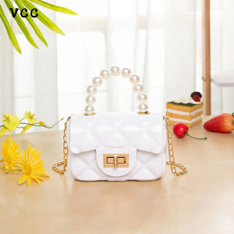 

Women Mini Handbag New Elegant Shoulder Messenger Portable Chain Bag Girl PVC Jelly Bag Pearl Crossbody Rhombus Small Square Bag
