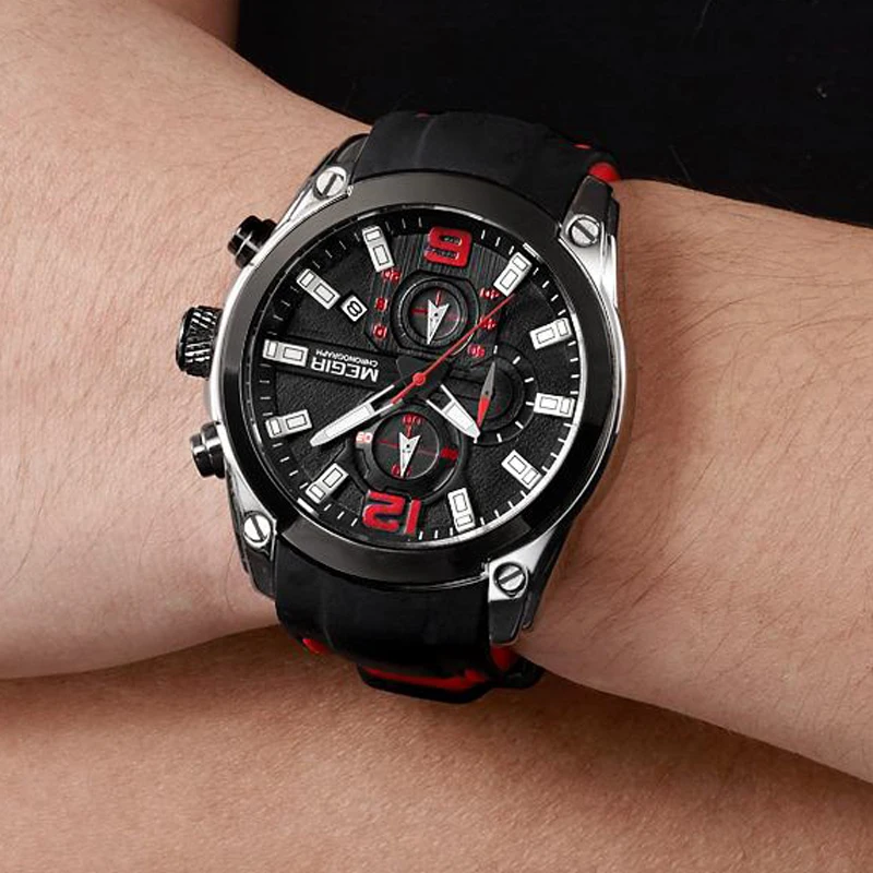 

MEGIR Chronograph Quartz Watch Men Rubber Strap Army Military Mens Watches Top Brand Luxury Male Clock Relogio Masculino 2020