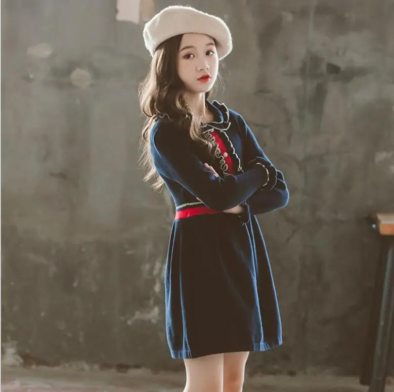 Детское вязаное платье для девочек Осень-зима 2020 платья-свитера с оборками