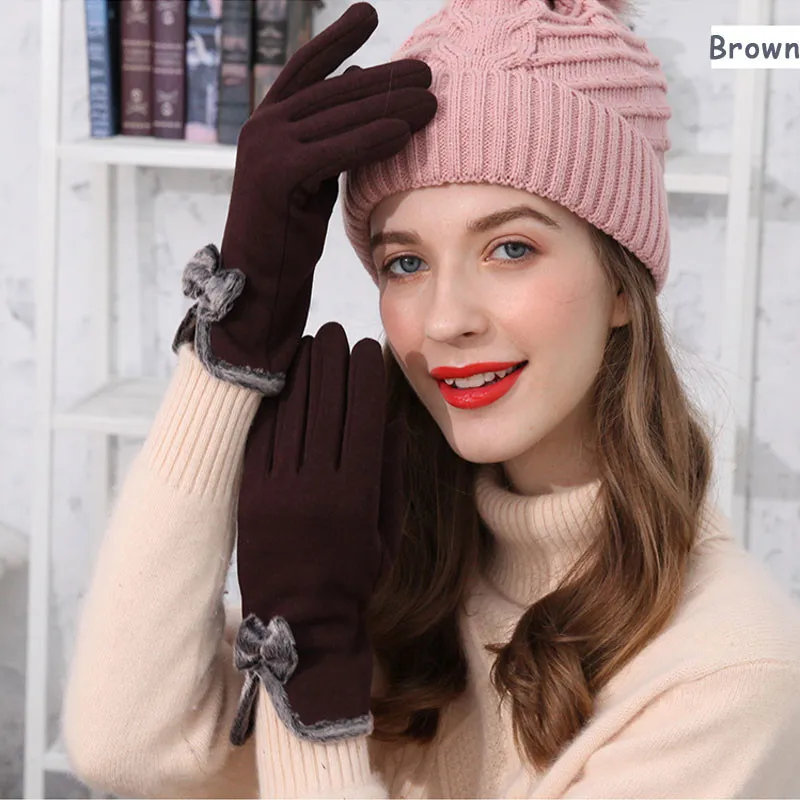 Женские перчатки с бантиком женские зимние теплые рукавицы сенсорным экраном